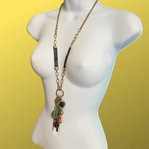 Gold Tone Black Leatherette Multi Strand Dangles Long Necklace
